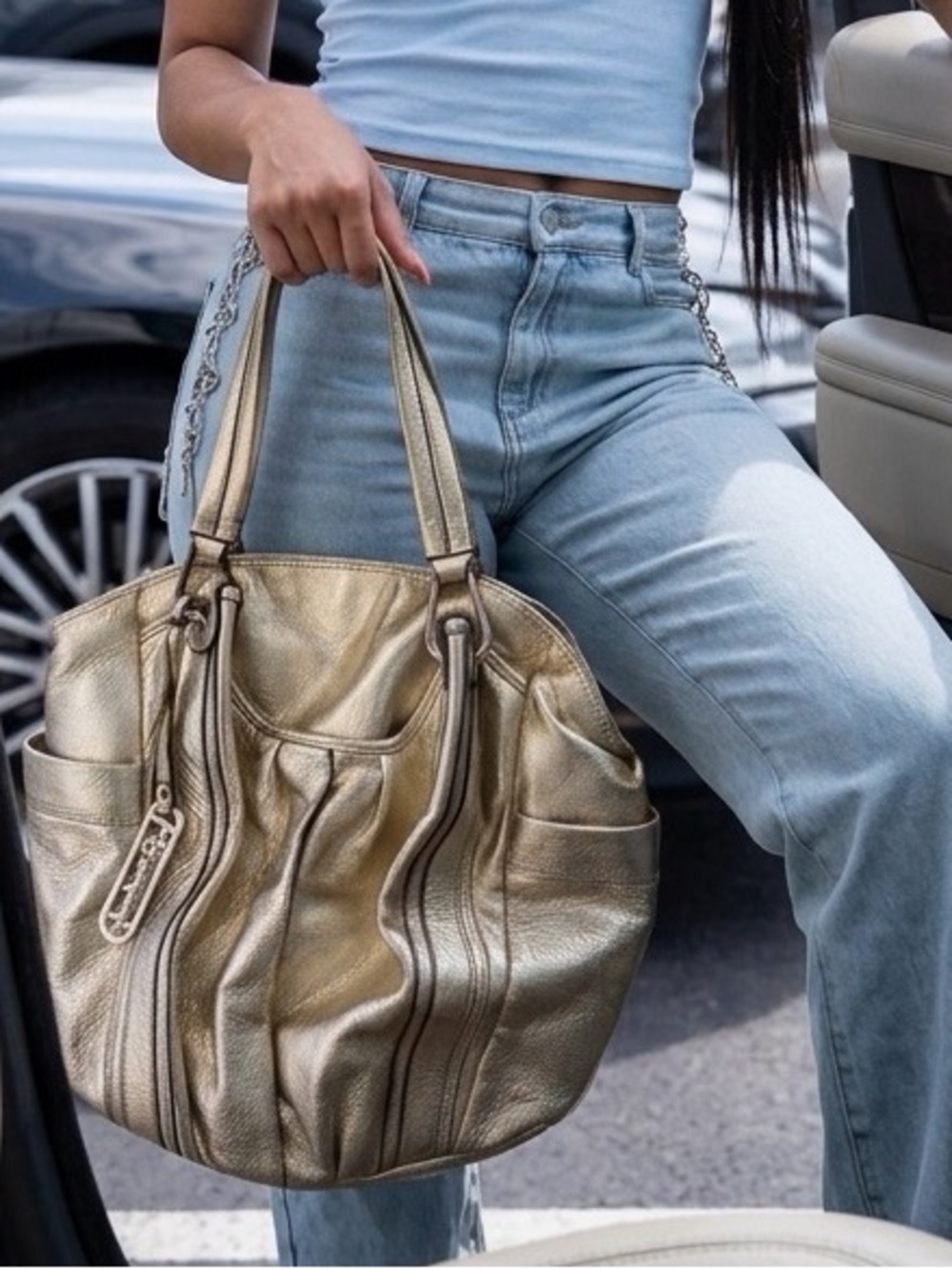 Designer b. makowsky Metallic Silver Shoulder Tote with Charm Tag